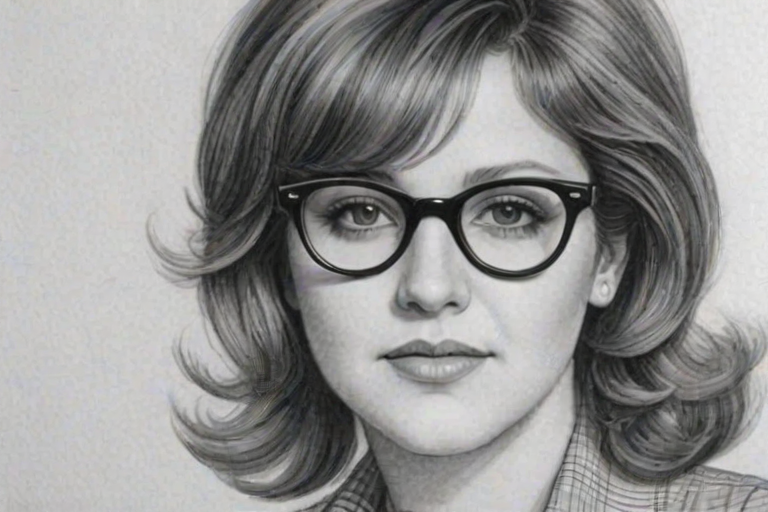 Attractive Brenda Vaccaro, pencil sketch, portrait of Charming woman 1971s in glasses, hair style beatnik, outline, clear lines, fine lines, 8k