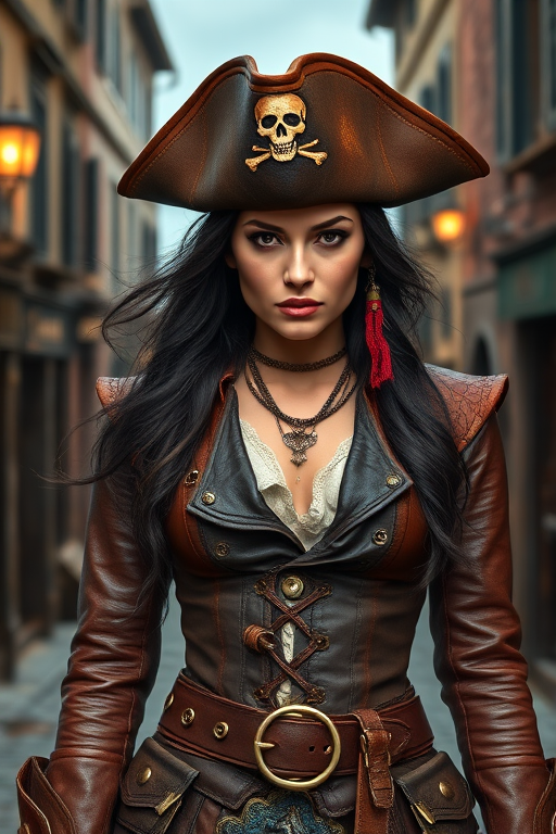 Create a portrait of a fierce female pirate. She wears a leather tricorn hat adorned with a skull and crossbones emblem, and her long, dark hair flows around her face. Her outfit consists of a richly detailed leather jacket, a corset, and multiple layers of belts and accessories, giving her a formidable and stylish appearance. She stands confidently in a dimly lit, historic port town, with a backdrop of weathered buildings and cobblestone streets, capturing the adventurous spirit of a pirate.