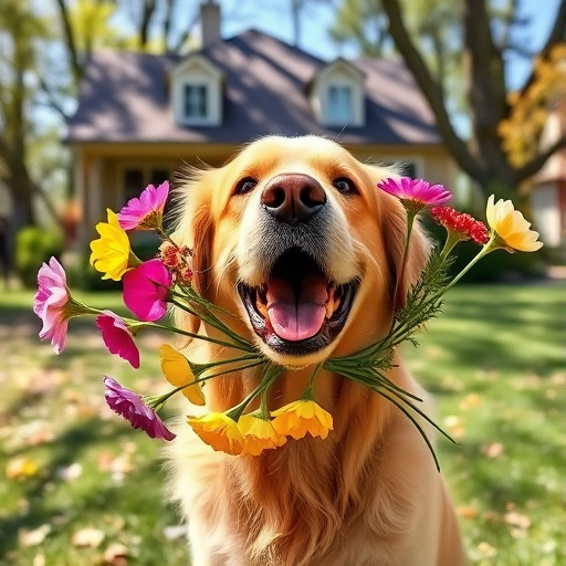 A happy golden retriever holding colorful flowers in its mouth in a sunny backyard with a house in the background and trees surrounding the area