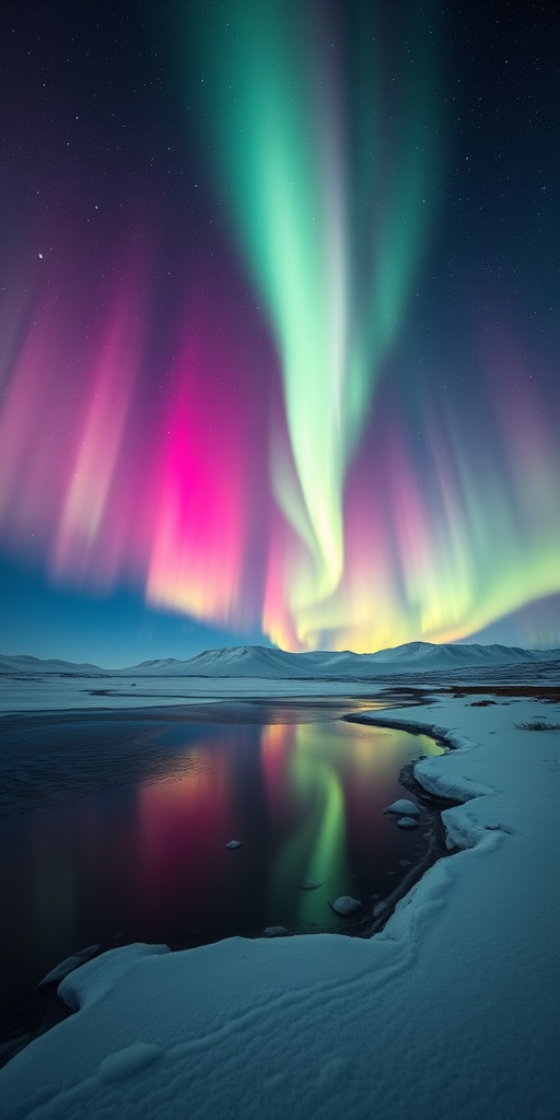 Aurora Borealis over a snowy landscape with still water reflection, vibrant colors in the sky, shot with a Canon EOS R5, 24mm lens, f/2.8 aperture, ISO 400, 15-second exposure, wide-angle view for expansive scenery.