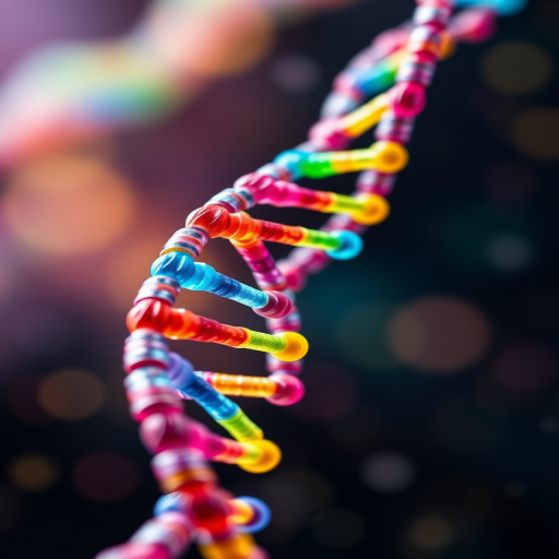 generate a high-resolution image of a colorful double helix DNA strand with a soft focus background and sparkling particles, using a DSLR camera with a 50mm lens at f/1.8, ISO 200, and a shutter speed of 1/200s, with a macro view and vibrant lighting effects to enhance the visual depth and clarity.