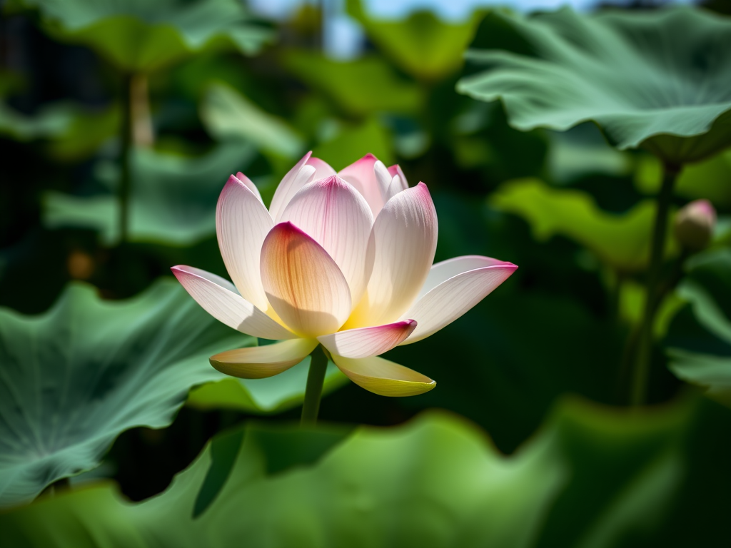 A serene lotus flower blooming amidst green leaves, captured in natural light with a shallow depth of field, 50mm lens at f/1.8, ISO 200, shot from a low angle to emphasize the delicate petals and enhance the composition.