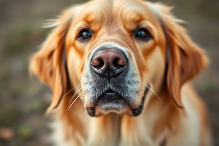 Capture a close-up of a golden retriever with a shallow depth of field to create a soft background blur, using a 50mm lens, aperture f/1.8, ISO 200, and natural lighting in a portrait orientation.