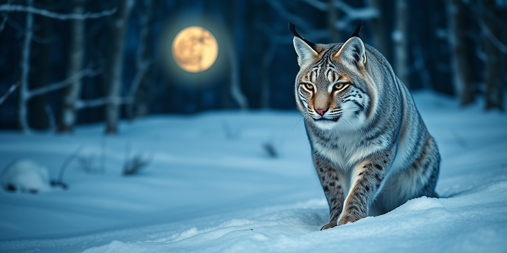 Create a highly detailed image of a blue lynx in a snowy forest at night with a full moon in the background, using a DSLR camera set to ISO 100, f/2.8, 1/200s, shot from a close-up angle, in a portrait style, with high dynamic range for enhanced color and depth.