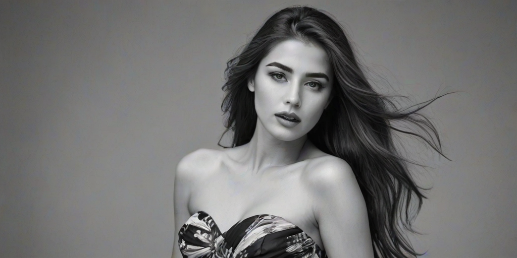 Photographic image of a beautiful young Tajik woman, green eyes, lips with white lipstick, long hair fluttering in the wind and wearing a silk strapless dress with a soft purple and orange print. monochrome image with only color highlights in the iris of the eyes, lipstick and dress. Gray background.