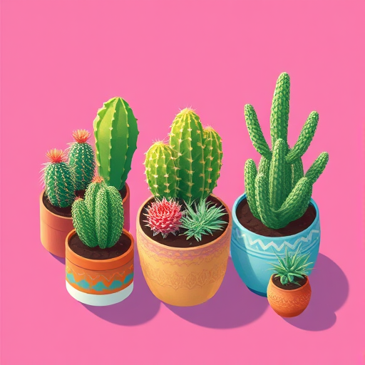 Create a vibrant illustration of various cacti and succulents in decorative pots, using a bright color palette and clear outlines, shot with a Canon EOS R5 at f/8, ISO 100, 50mm lens, with a top-down view to emphasize the plants' textures and shapes.