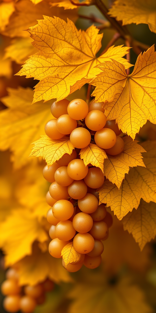 Create a highly detailed illustration of golden grape leaves and clusters, macro view with high depth of field, Studio lighting, DSLR camera settings with a focal length of 85mm, aperture f/2.8, and ISO 100 for optimal image quality.