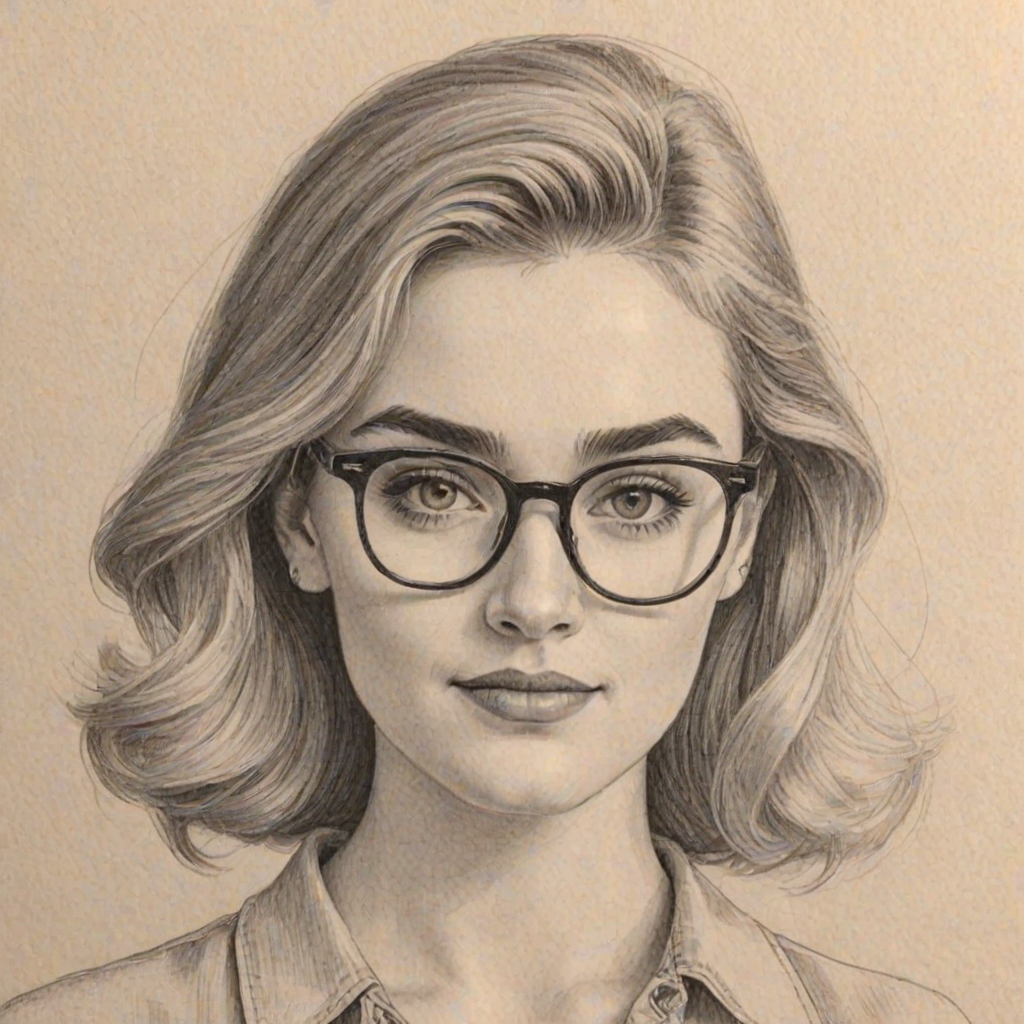 Attractive Meg Donnelly, pencil sketch, portrait of Charming woman 1956s in glasses, hair style beatnik, outline, clear lines, fine lines, 8k
