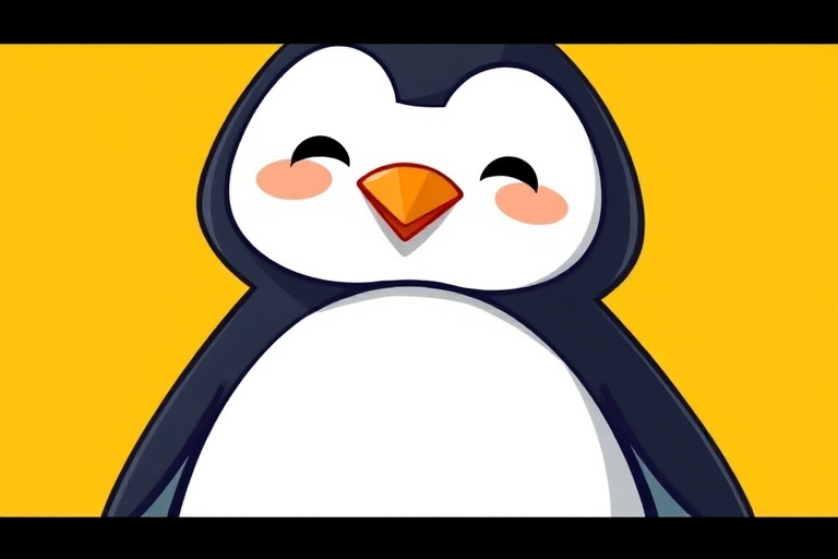 Create a cartoon-style illustration of a penguin with a bright yellow background, using a DSLR camera, 50mm lens, f/2.8 aperture, ISO 100, and natural lighting to enhance color vibrancy and clarity.