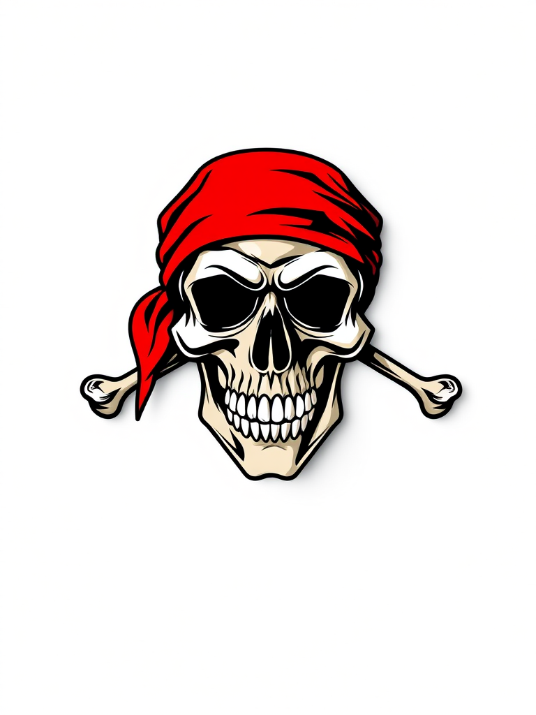Generate a high-resolution vector image of a stylized pirate skull with a red bandana and crossbones, using a Canon EOS R5 with a 50mm f/1.8 lens, aperture set at f/4, ISO 100, and in a flat lay view with bright lighting to enhance color saturation and contrast.