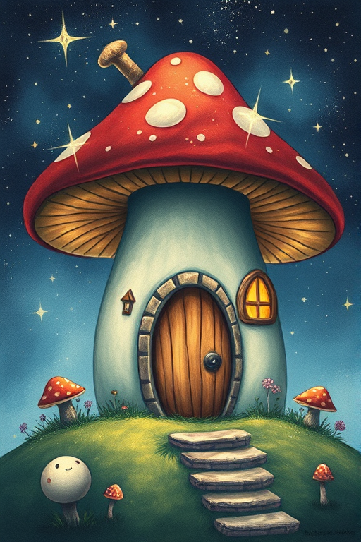 this picture is illustration of a mushroom house with a door and a window, a storybook , fantasy art, mushroom house, bg starry sky, sparkles