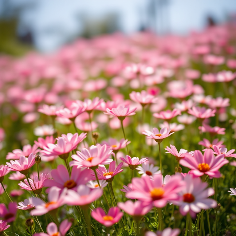 Field of pink and white flowers in full bloom under bright sunlight, close-up view, using a DSLR camera, aperture f/2.8, shutter speed 1/250s, ISO 100, shallow depth of field for a soft background blur.