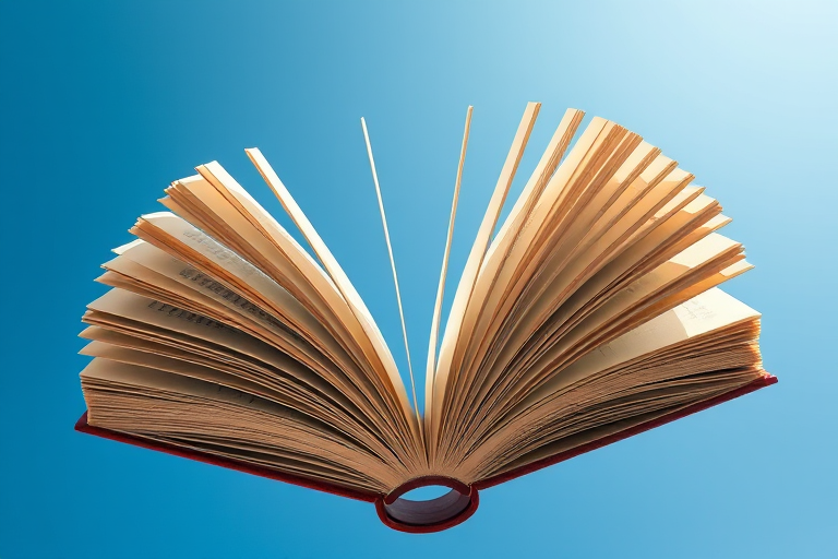 a floating open book with pages fanned out against a clear blue sky, shot with a DSLR camera at f/2.8, ISO 100, shutter speed 1/500 sec, using a macro lens for enhanced detail and clarity, capturing a top-down angle focused on the book's pages