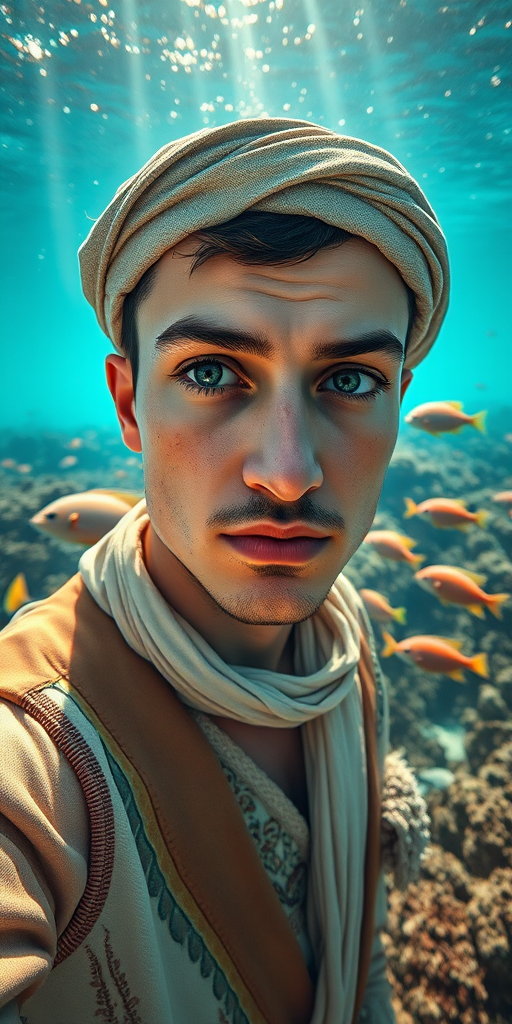 Realistic selfie image of a Coptic, wearing a vintage outfit, detailed dreamy eyes, droopy hooded eyes, staring at the camera, taken underwater at coral reef with a sunbeam filtering through the water, vibrant, summer vacation, natural lighting, turtle and school of tropical fish with vibrant colors, rendered in the style of CryEngine, Pegi Nicol MacLeod, with realistic genre scenes, hauntingly beautiful narratives, ultra-realism, and Thomas Saliot's close-up technique, 8K resolution, crystal clear and sparkling water.