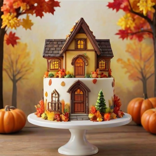 Create an image of a beautifully designed cake that resembles a charming street scene in autumn. The cake should feature detailed architectural elements of houses, adorned with vibrant autumn leaves in shades of orange, red, and yellow. Include small decorative items like pinecones and a figure walking with an umbrella to enhance the cozy fall atmosphere. The setting should evoke a warm, inviting feeling typical of a picturesque neighborhood during the autumn season.