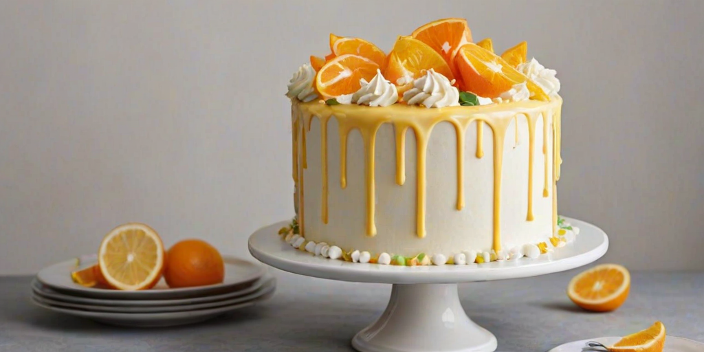 Create an image of a tall, elegant cake decorated with yellow and white frosting. The cake should have a smooth finish and feature a glossy orange glaze dripping down the sides. Adorn the top with orange slices, delicate flower decorations, and piped frosting in a variety of shapes. Place the cake on a simple white cake stand, with a clean, minimalist background to highlight its beauty.