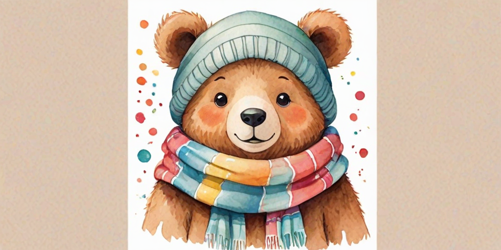 a cute cartoon bear wearing a colorful scarf, with a simple face and playful design, in soft watercolor style