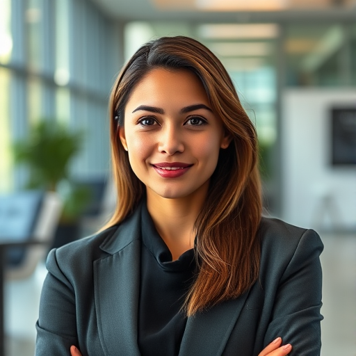 Portrait of a confident young woman in a business setting, natural light, aperture f/2.8, ISO 100, 50mm lens, shallow depth of field, medium shot, DSLR camera.