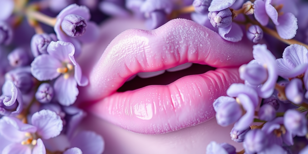 Frosted lavender lip cream "Moonlit Petals" with a soft, whipped texture and delicate pearl sheen, perfect for ethereal and romantic makeup looks, enriched with soothing botanicals