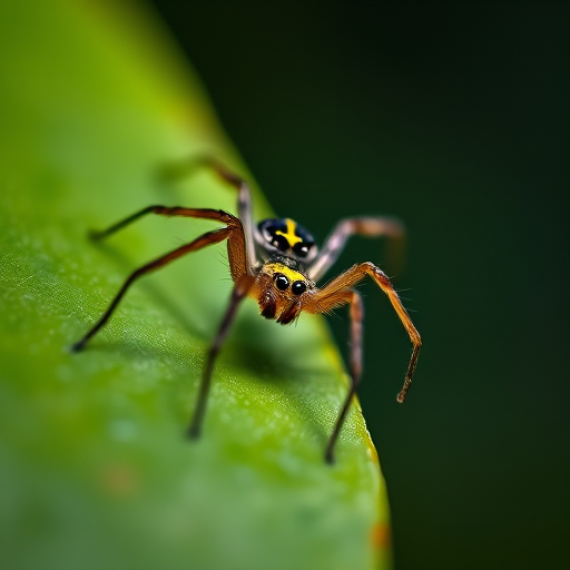 macro shot of a spider on a green leaf with shallow depth of field, 100mm lens, aperture f/2.8, ISO 100, natural light, focus on spider with blurred background, DSLR camera