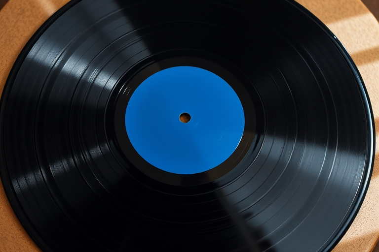 Create a high-resolution image of a black vinyl record with a blue center label, shot with a DSLR camera at f/2.8 aperture, ISO 100, 50mm lens, using a top-down view with soft natural lighting to enhance reflections and details.