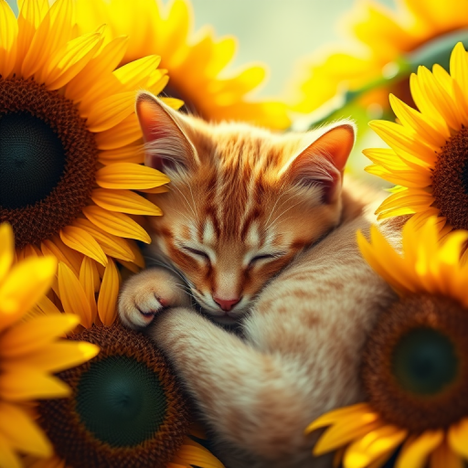 A sleepy orange tabby cat curled up among vibrant sunflowers, captured with a DSLR camera at f/2.8, 50mm lens, natural light, shallow depth of field, high saturation.