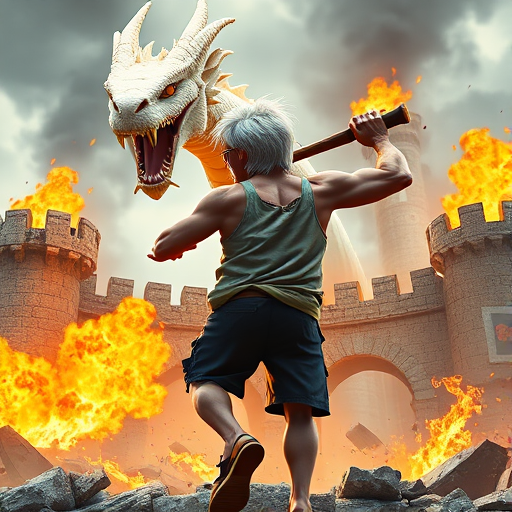 Cartoon 3D High-Resolution,dynamic battle scene using Unreal Engine 5 and Octane Render. The scene features back of an elderly, thai man with a beard,messy hair and round golden-rimmed glasses. He is wearing a tattered tank top with soot marks, shorts, and sandals. sweating. he wields a baseball bat. He jump to fight with a white fire-breathing Europe dragon amidst a partially destroyed stone castle. Include intense flames, smoke, and debris to enhance the dramatic effect.