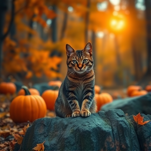 Create a high-resolution image of a tabby cat sitting on a rock surrounded by carved pumpkins in a moonlit forest during autumn, with rich orange and yellow leaves; use a Canon EOS R5 with an 85mm lens, aperture set to f/1.8, ISO 100, and a shallow depth of field to create a dreamy bokeh effect.