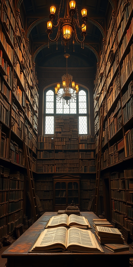 Sharp, high-resolution image of an old library, towering shelves filled with dusty books, wooden ladders propped against the shelves, soft amber lighting from chandeliers overhead, a large wooden table in the center with ancient manuscripts and open books, the smell of aged paper filling the air.
