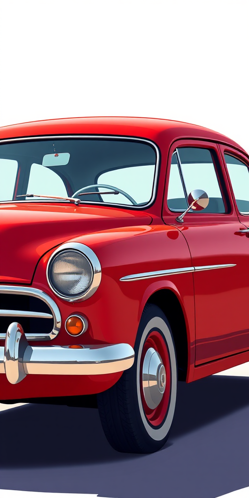 high-resolution illustration of a vintage red car, side view, 50mm lens, f/8 aperture, natural lighting, digital art style, flat design
