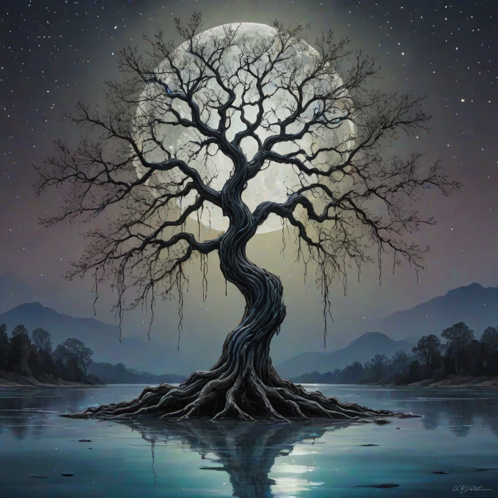 painting of a tree with a full moon in the background and water dripping from its branches, fantasy art, alcohol ink, 3D, 4K, HDRi