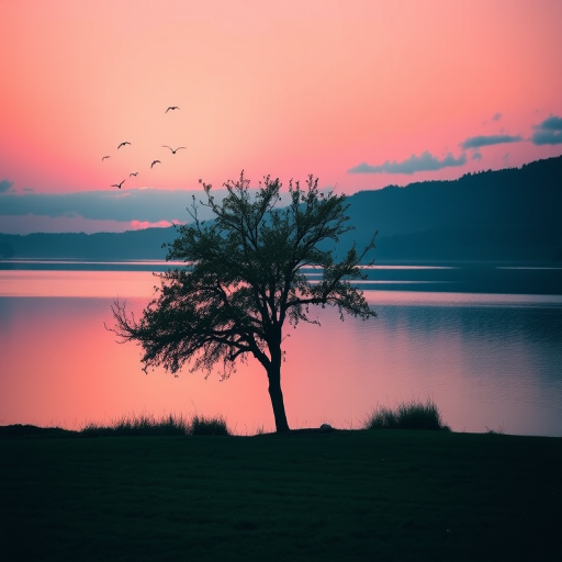 Create a serene landscape image featuring a solitary tree by a tranquil lake during sunset, with a pinkish-blue sky, soft clouds, and birds in flight, captured with a Canon EOS R5, 24mm lens, f/8 aperture, ISO 100, in landscape orientation.