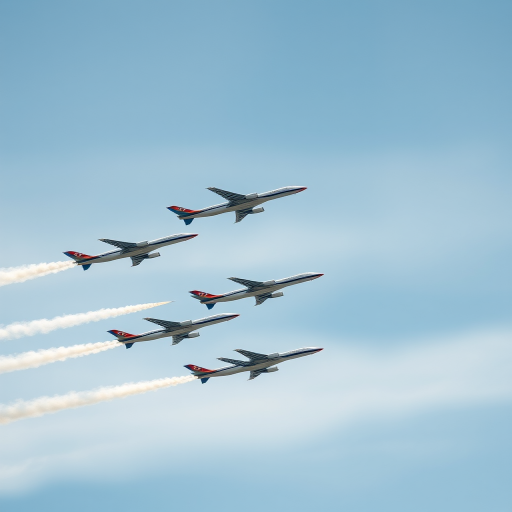 regenerate image of multiple airplanes in formation flying in a clear sky, close-up view, using a DSLR camera with a 50mm lens, aperture f/4, shutter speed 1/1000s, ISO 100, high dynamic range imaging for enhanced clarity and detail