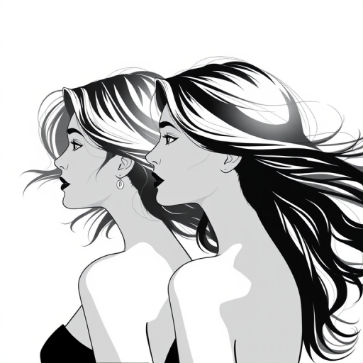 Generate a high-resolution portrait illustration of two elegantly styled women with flowing hair, showcasing their profiles from the left and right sides, in soft monochrome tones, captured with a Canon EOS R5 at f/2.8, 50mm lens, in natural light, with a slight vignette effect to enhance depth.