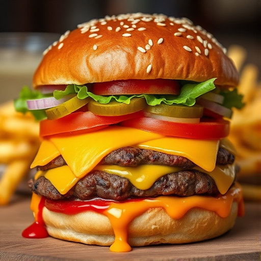 High-resolution, close-up image of a gourmet double cheeseburger. The burger features a glossy, sesame-seed-topped brioche bun. Inside, there are two thick, juicy beef patties, each topped with melted cheddar cheese. The burger is garnished with fresh lettuce, tomato slices, diced onions, and pickles. A generous amount of ketchup and a creamy, orange-colored sauce is dripping down the sides, adding to the mouth-watering appeal. In the background, there are blurred elements including a side of golden French fries and a hint of a beverage, enhancing the overall presentation of a delicious meal.