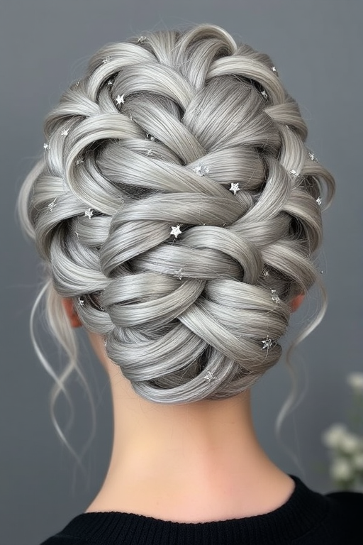 Silvery gray hair artfully arranged in an intricate updo featuring twisting braids and shimmering, star-shaped accessories, capturing the essence of the "Celestial Crown" style
