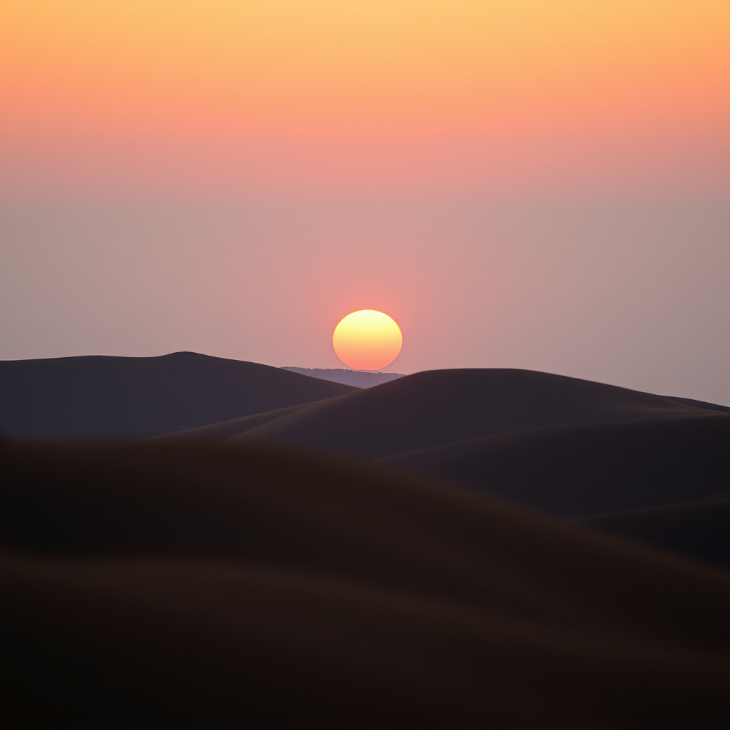 create a smooth gradient landscape at sunset with rounded hills and a large sun in warm earthy tones, shot with a Canon EOS R5 at f/8, 1/60s, ISO 200, wide-angle lens, top-down view, soft focus for a vintage aesthetic