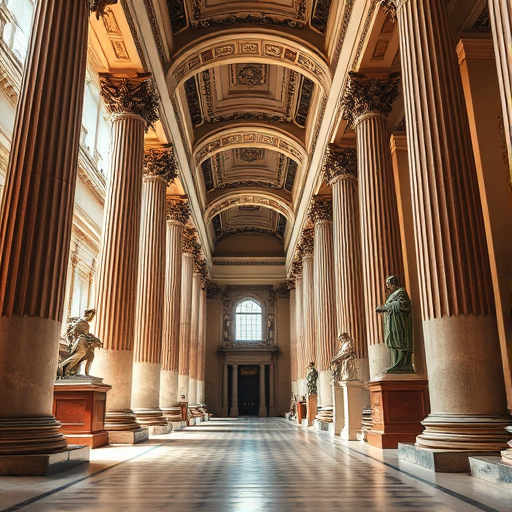 create a high-resolution image of a grand classical gallery with tall columns and statues, using a wide-angle view, f/8 aperture, ISO 100, 1/125 sec shutter speed, capturing natural lighting to enhance details and depth