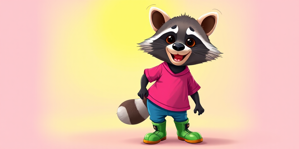 Generate a full-color cartoon image of a raccoon character wearing a bright pink shirt, blue pants, and green boots, with a playful expression, captured in a vibrant and cheerful digital art style, using a Canon EOS R5 camera with a 50mm lens at f/1.8, aperture priority mode, and a soft focus background for enhanced detail.