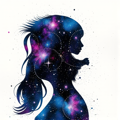 Captivating conceptual render alcohol ink art, double exposure, the paint strokes artfully merge combining a woman's full silhouette with a Cute koala's silhouette. The figures are composed of a series of colored dots, lines & spots that evoke the image of a cosmic galaxy, colors are deep shades of blue purple & black with flashes of white & silver representing distant stars. The woman's silhouette is formed within the lion's silhouette from constellations of scattered stars, surreal