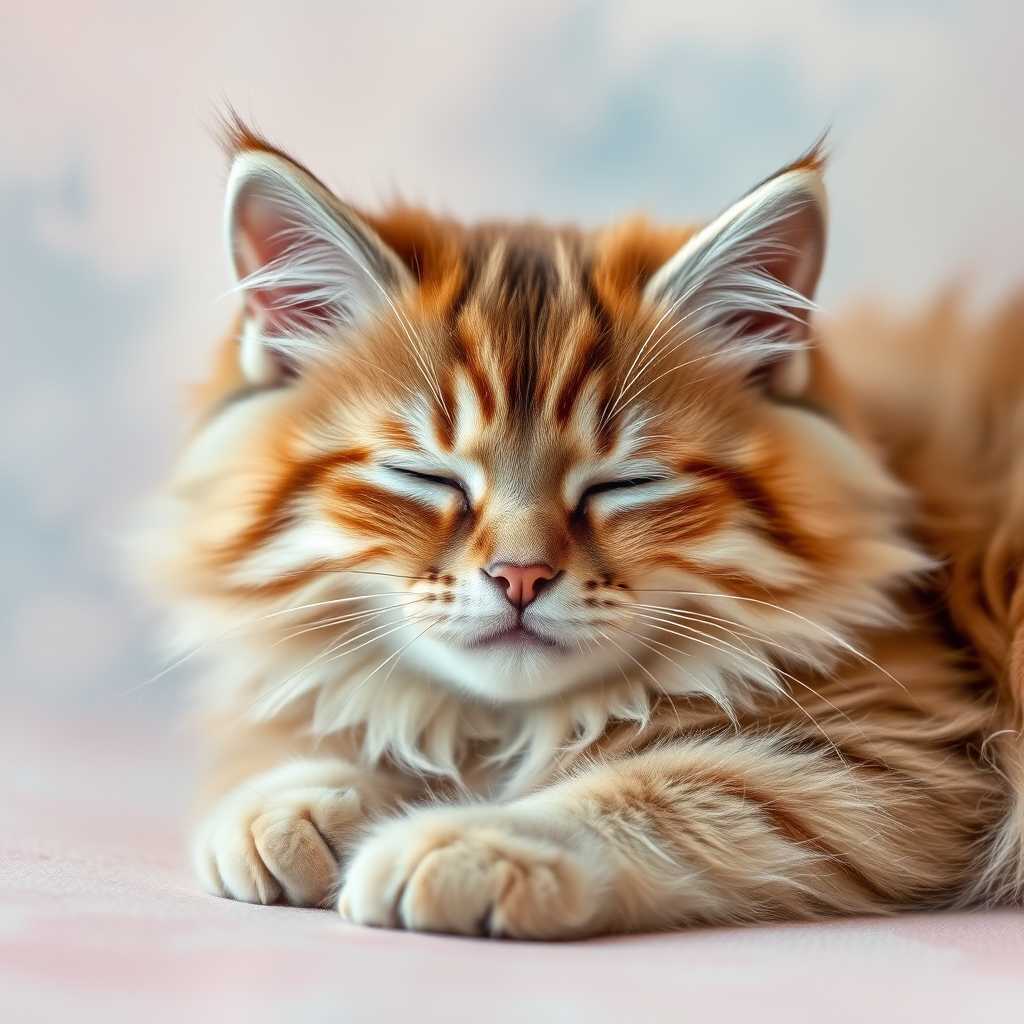 Create a high-resolution image of a fluffy sleeping cat with a soft pastel watercolor background, using a Canon EOS R5 camera, 50mm lens, f/1.8 aperture, ISO 100, and a shallow depth of field to enhance details and colors.