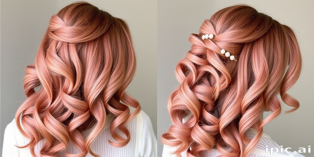 Romantic dusty rose balayage on long, flowing locks styled in loose vintage-inspired pin curls, adorned with pearl hair pins named "Victorian Blush" evoking timeless romance
