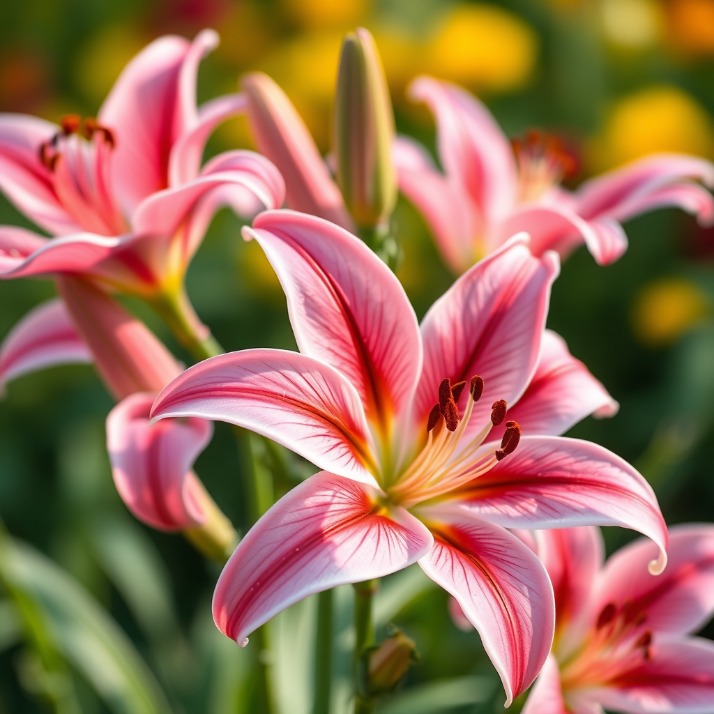 regenerate an image of pink lilies with a focus on vibrant colors and intricate details, use a macro lens at f/2.8 for shallow depth of field, capture in natural light, set ISO to 100 for minimal noise, and use a tripod for stability to enhance overall image quality