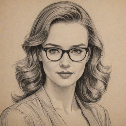 Graceful Kay Panabaker, pencil sketch, portrait of Alluring woman 1948s in glasses, hair style beatnik, outline, clear lines, fine lines, 8k