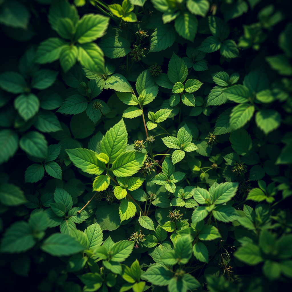 Create a vibrant, high-resolution circular illustration of various green leaves and plants in a lush environment with soft, diffused lighting captured using a DSLR camera with a 50mm lens, f/2.8 aperture, ISO 100, and shallow depth of field for enhanced detail and depth.