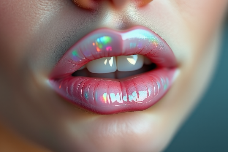 Ethereal opal lips with iridescent pigments, shifting colors subtly and creating a mesmerizing effect, photographed in soft, diffused lighting to enhance the magical quality