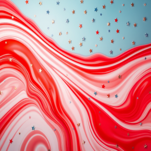 Create an abstract image of flowing red and white stripes with scattered blue and gold stars, using a DSLR camera, 50mm lens, f/2.8 aperture, 1/125s shutter speed, ISO 100, and a top-down view for enhanced color saturation and detail.