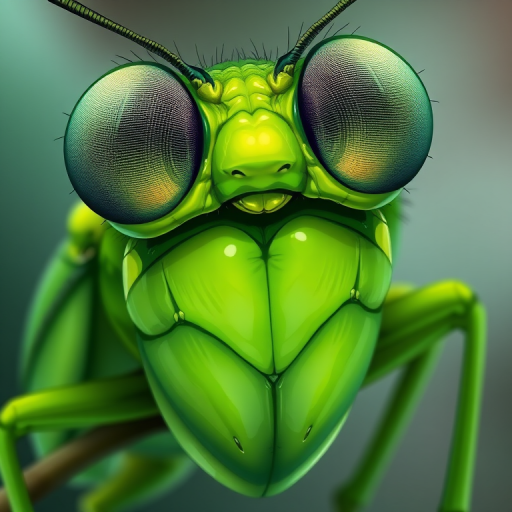 Create a detailed illustration of a vibrant green insect with a heart-shaped body and large expressive eyes, focus on a close-up view with high resolution, use a macro lens with f/2.8 aperture, 1/100 sec shutter speed, and ISO 200, in a digital art style.