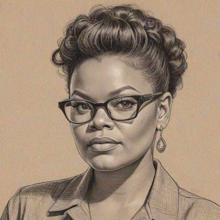Appealing Yvette Nicole Brown, pencil sketch, portrait of Comely woman 1946s in glasses, hair style beatnik, outline, clear lines, fine lines, 8k
