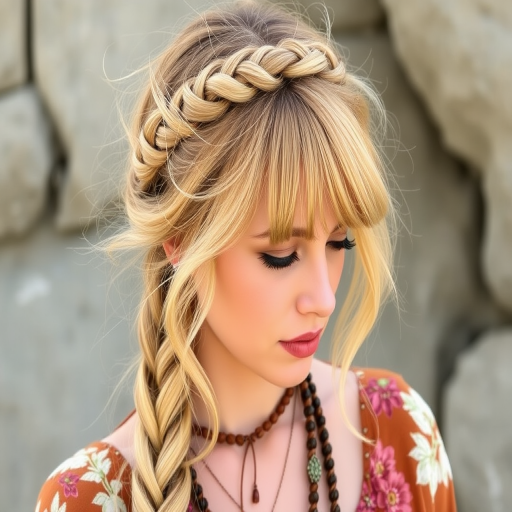 Honey blonde crown braid with wispy bangs and bohemian accessories, named "Sun-Kissed Meadow," boasting a ethereal, nature-inspired look with floral accents